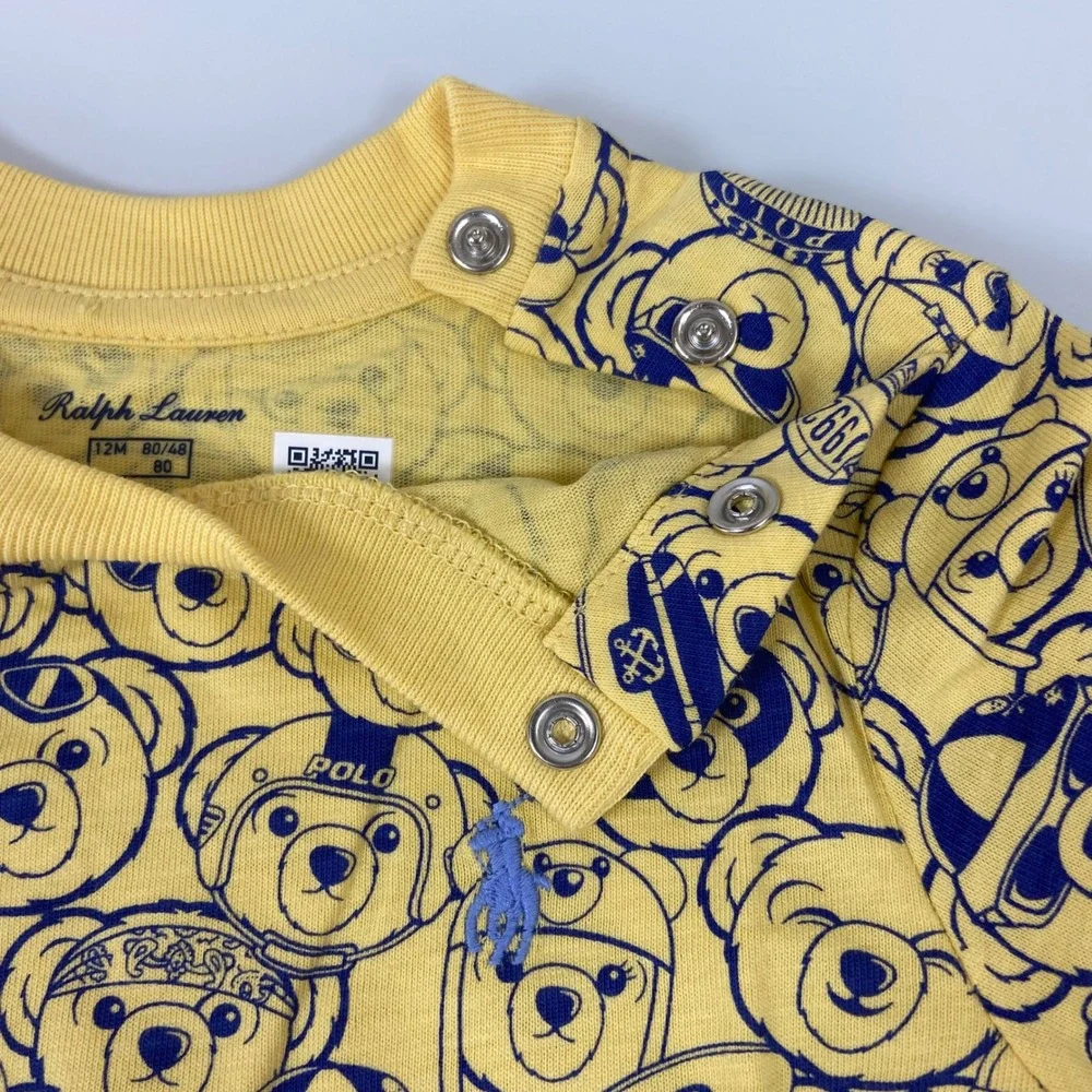 Ralph Lauren Baby Boys Yellow Polo Bear Cotton Jersey Tee Size 12M‎ Snaps NEW